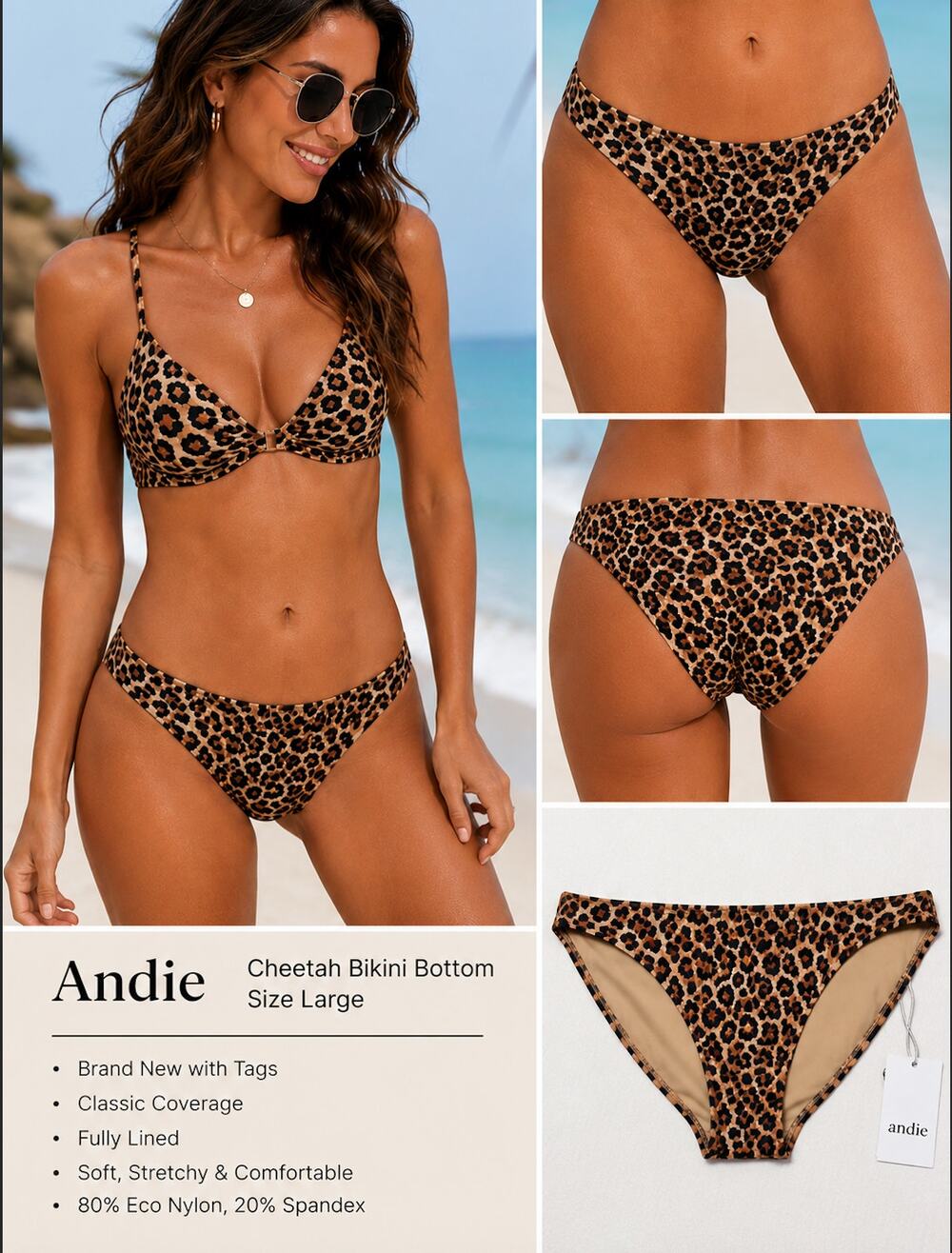 Andie NWT Womens Cheetah Bikini Bottom Large